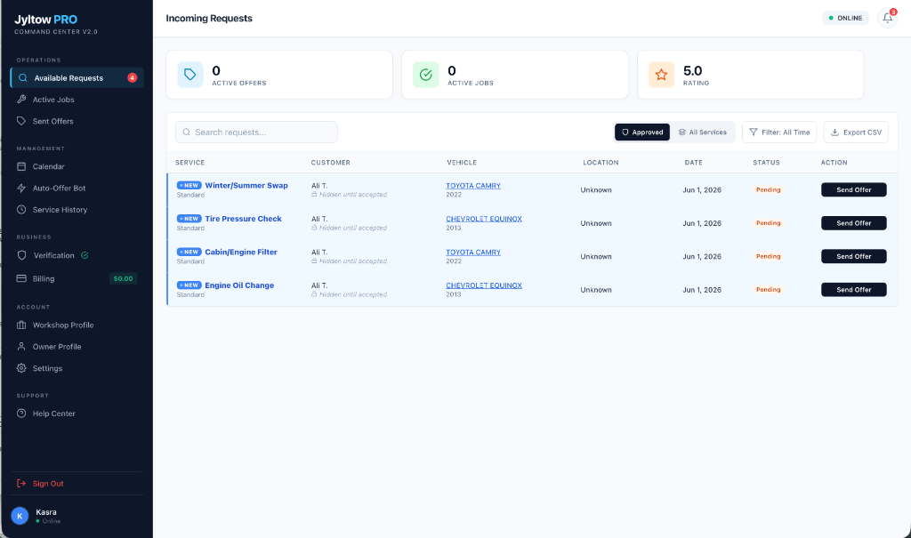 JYLTOW Pro Command Center Web Dashboard